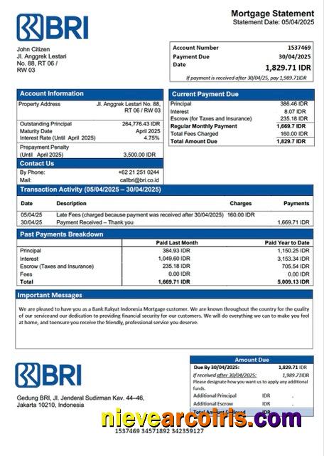Indonesia Bank Rakyat Indonesia (BRI) mortgage statement Word and PDF template